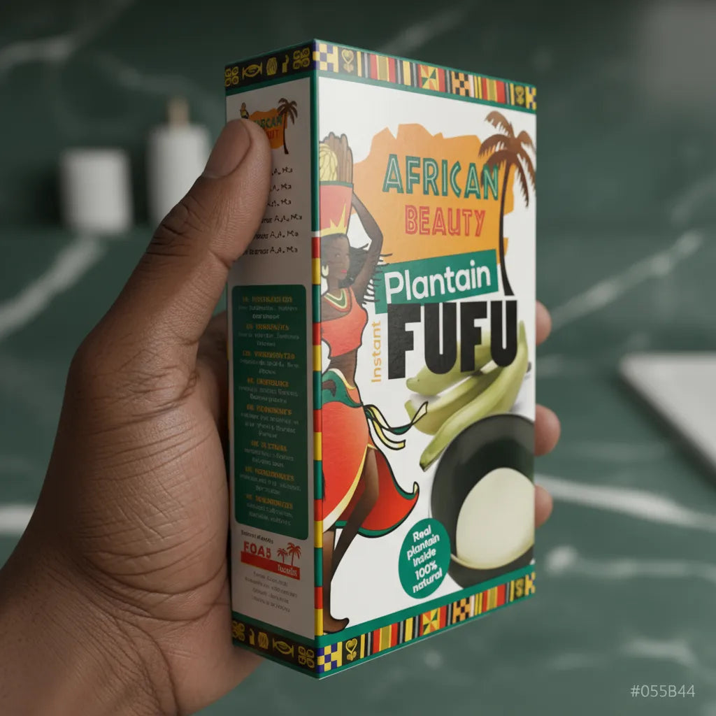 Main tenant une boîte de farine de plantain verte AFRICAN BEAUTY – Fufu, mettant en avant son emballage vibrant et ses ingrédients naturels.